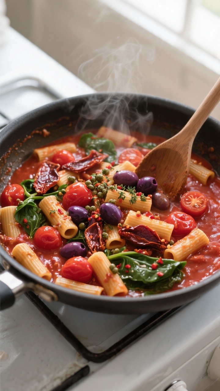 Cooking process, overhead action: One-pan Mediterranean pasta simmering in a wide, high-sided skille