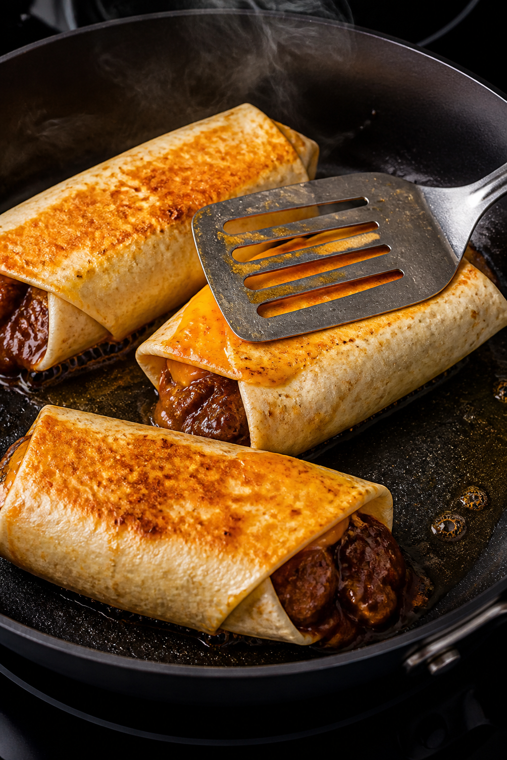 Cooking process: Overhead action shot of assembled wraps seam-side down in a skillet, tortillas turn