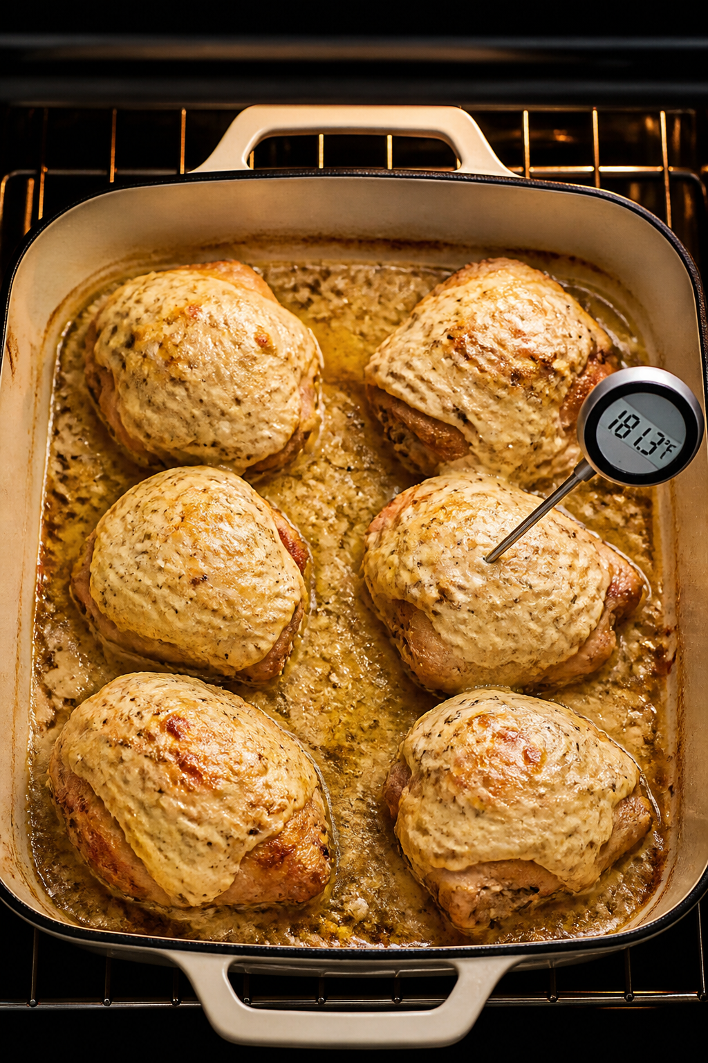 Cooking process: Overhead shot of a 9x13 oven-safe skillet mid-bake on the middle rack—six bone-in