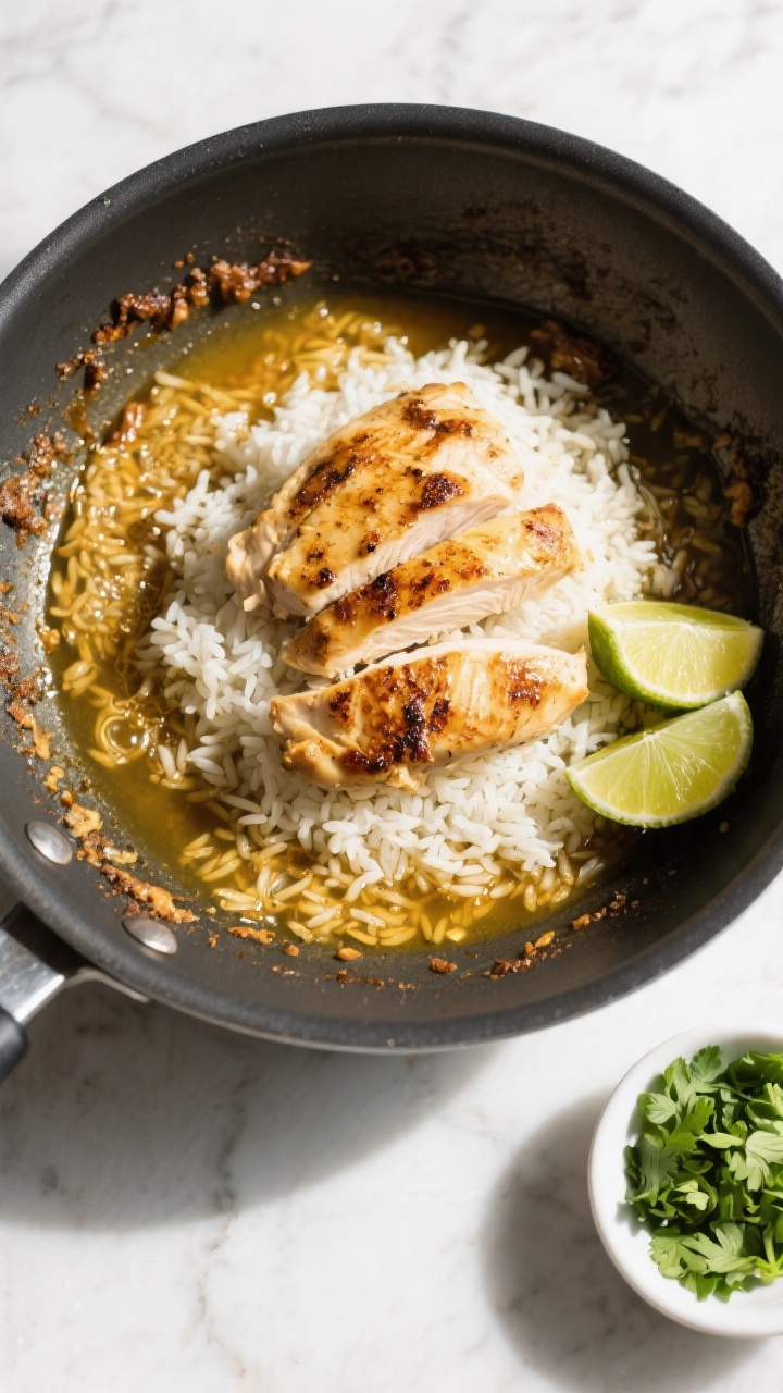 Cooking process: Overhead shot of a deep skillet right after toasting the rinsed rice and adding bro