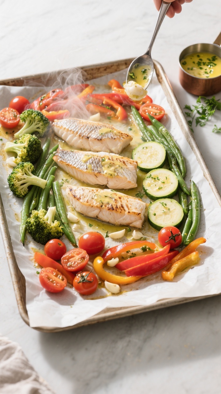 Cooking process: Overhead shot of a large parchment-lined sheet pan mid-roast—tilapia fillets nest