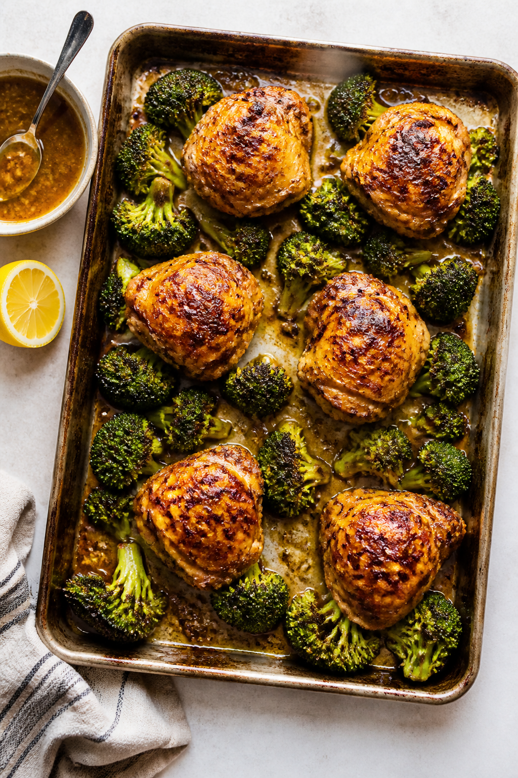 Cooking process: Overhead shot of a screaming-hot preheated sheet pan just pulled from the oven, chi