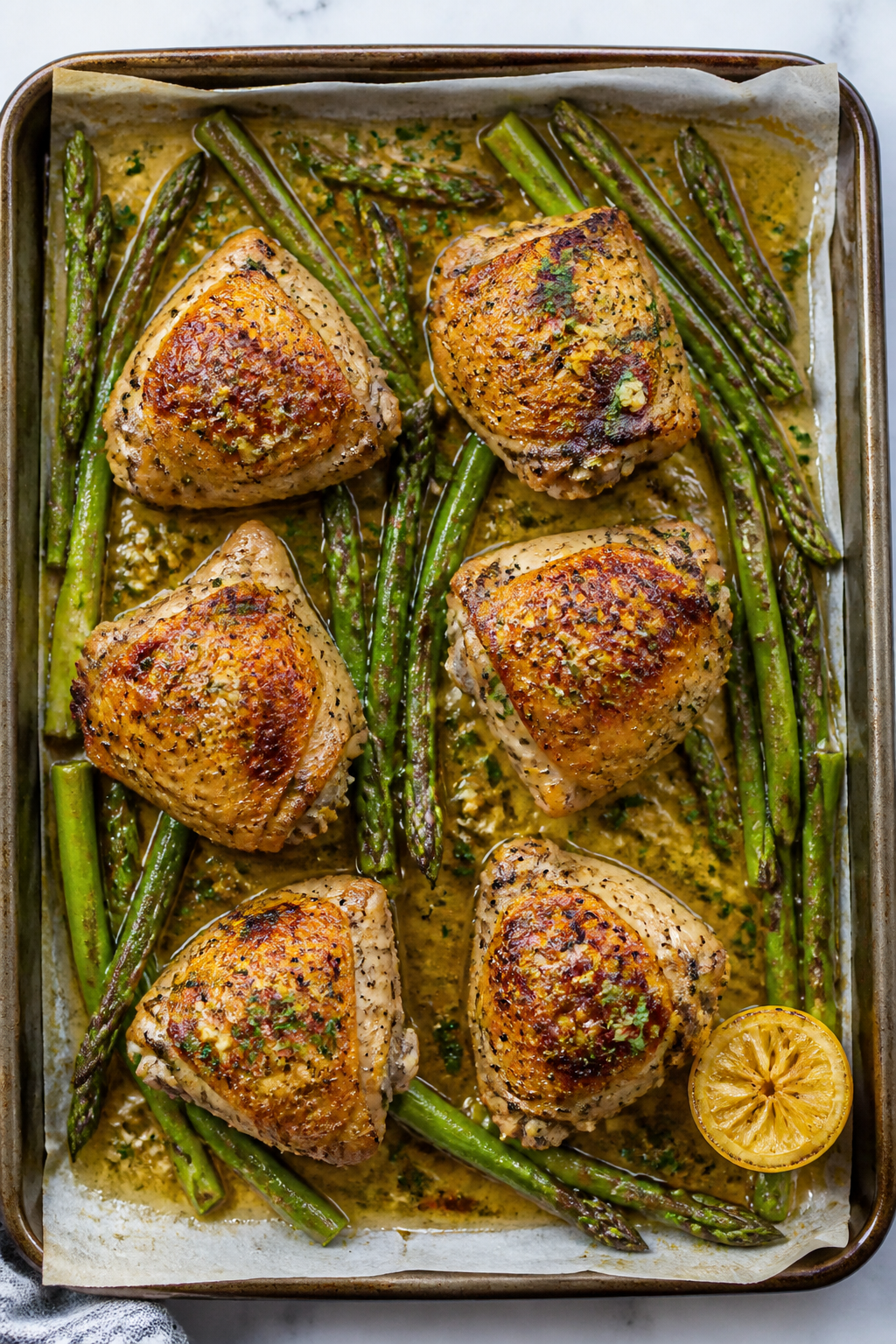 Cooking process: Overhead shot of a sheet pan mid-roast after asparagus has been added—six bone-in