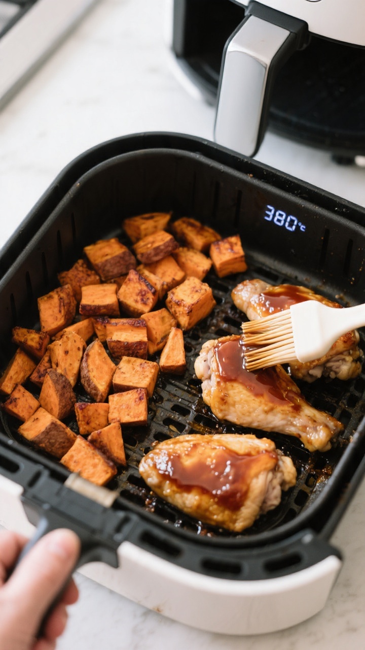 Cooking process: Overhead shot of an open air fryer basket mid-cook—sweet potato cubes in a single