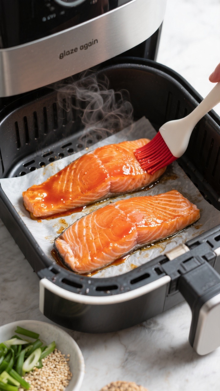 Cooking process: Overhead shot of an open preheated air fryer basket at 390°F with two salmon fille