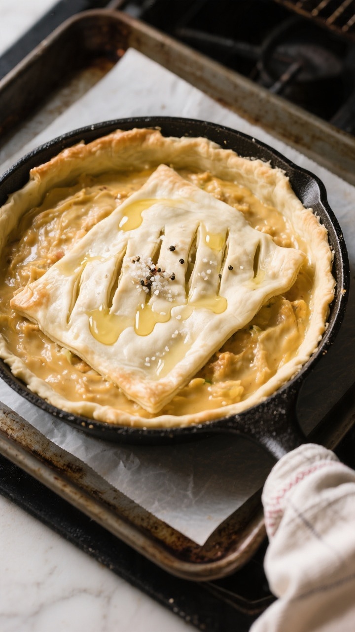 Cooking process: Overhead shot of an oven-safe skillet or pie dish right before baking—hot, thick 