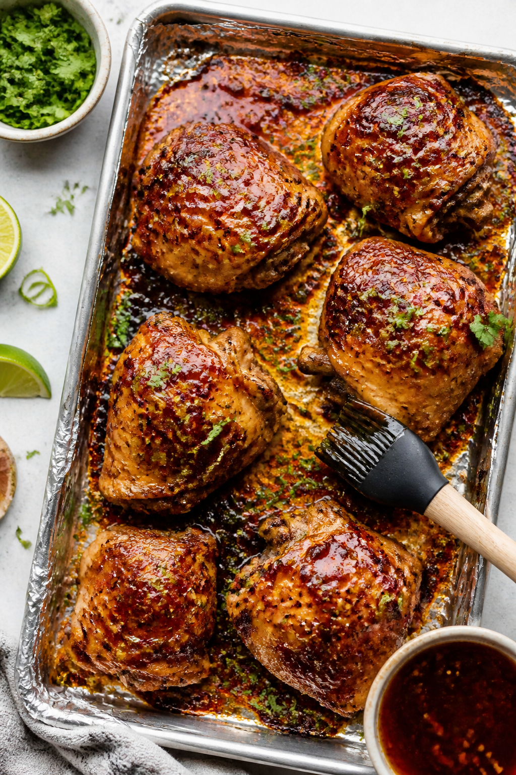 Cooking process: Overhead shot of bone-in chicken thighs on a foil-lined sheet pan mid-roast, being 