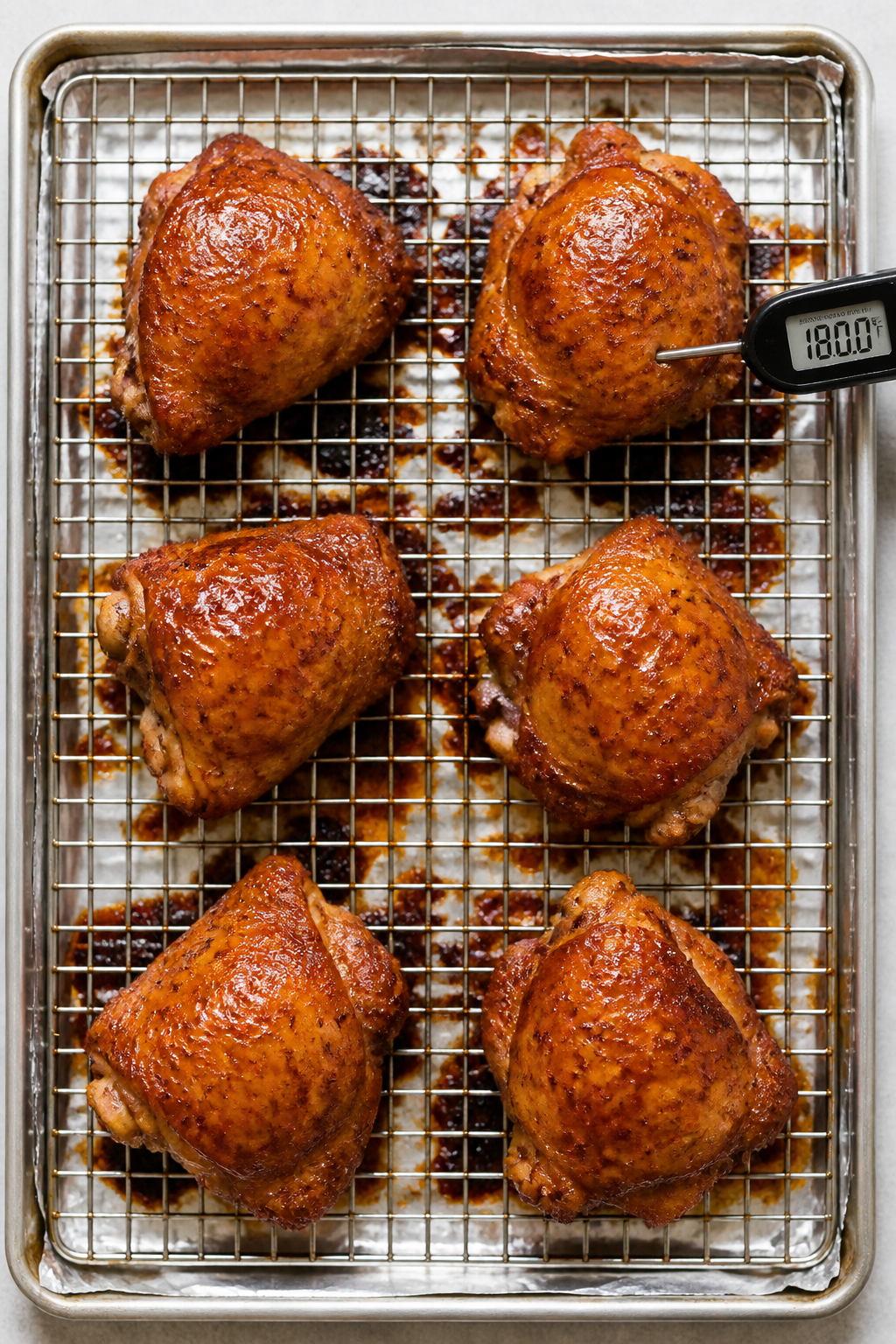 Cooking process: Overhead shot of bone-in, skin-on chicken thighs on a wire rack mid-bake at 425°F,