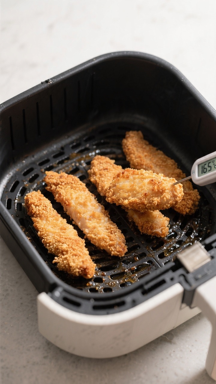 Cooking process: Overhead shot of breaded chicken tenders arranged in a single layer in a preheated