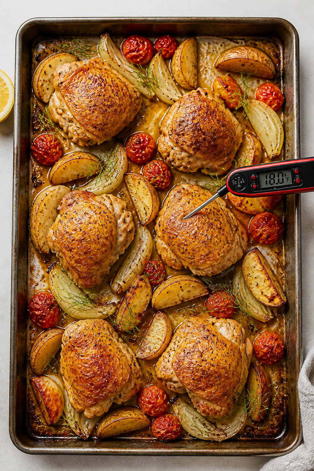 Cooking process: Overhead shot of chicken thighs roasting skin-side up on a rimmed sheet pan at peak