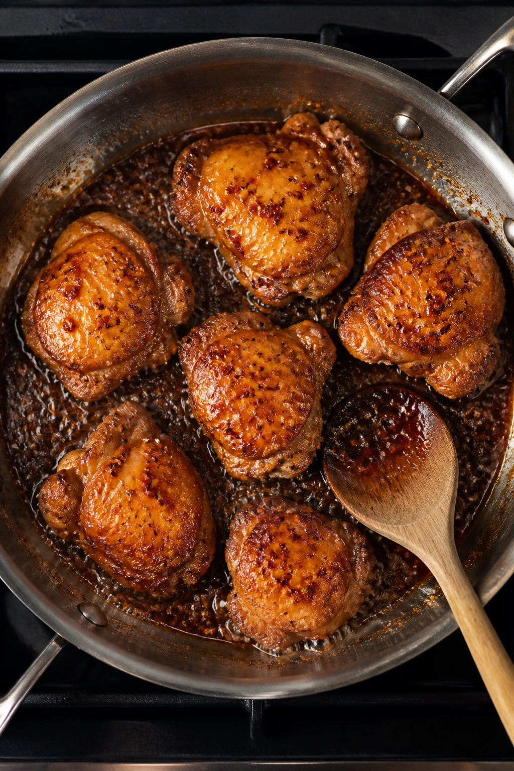 Cooking process: Overhead shot of chicken thighs simmering skin-side up in a stainless-steel skillet