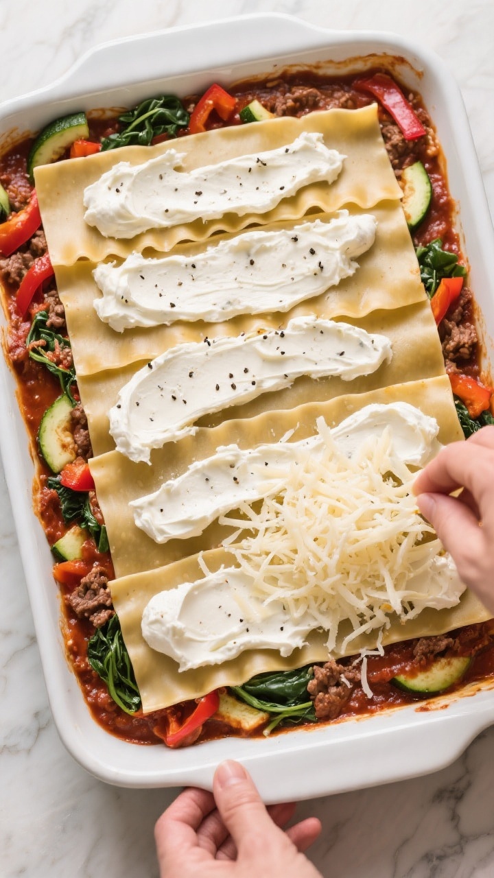 Cooking process: Overhead shot of lasagna assembly in a 9x13 baking dish mid-layer, showing a neat l