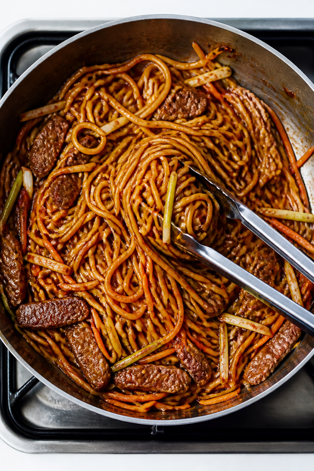 Cooking process: Overhead shot of lo mein noodles being tossed with tongs in a wide skillet as the s