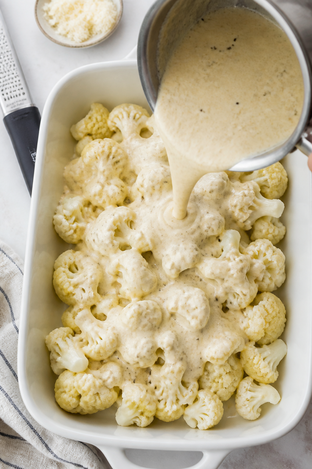 Cooking process: Overhead shot of par-cooked cauliflower florets being gently coated in the silky ga