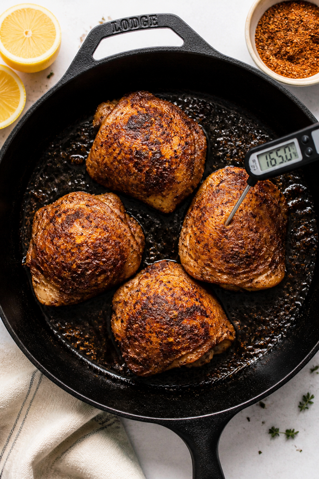 Cooking process: Overhead shot of seared Cajun chicken thighs finishing in an oven-safe cast-iron sk