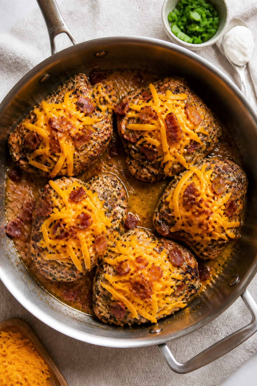 Cooking process: Overhead shot of seared chicken thighs in a large oven-safe skillet right before br