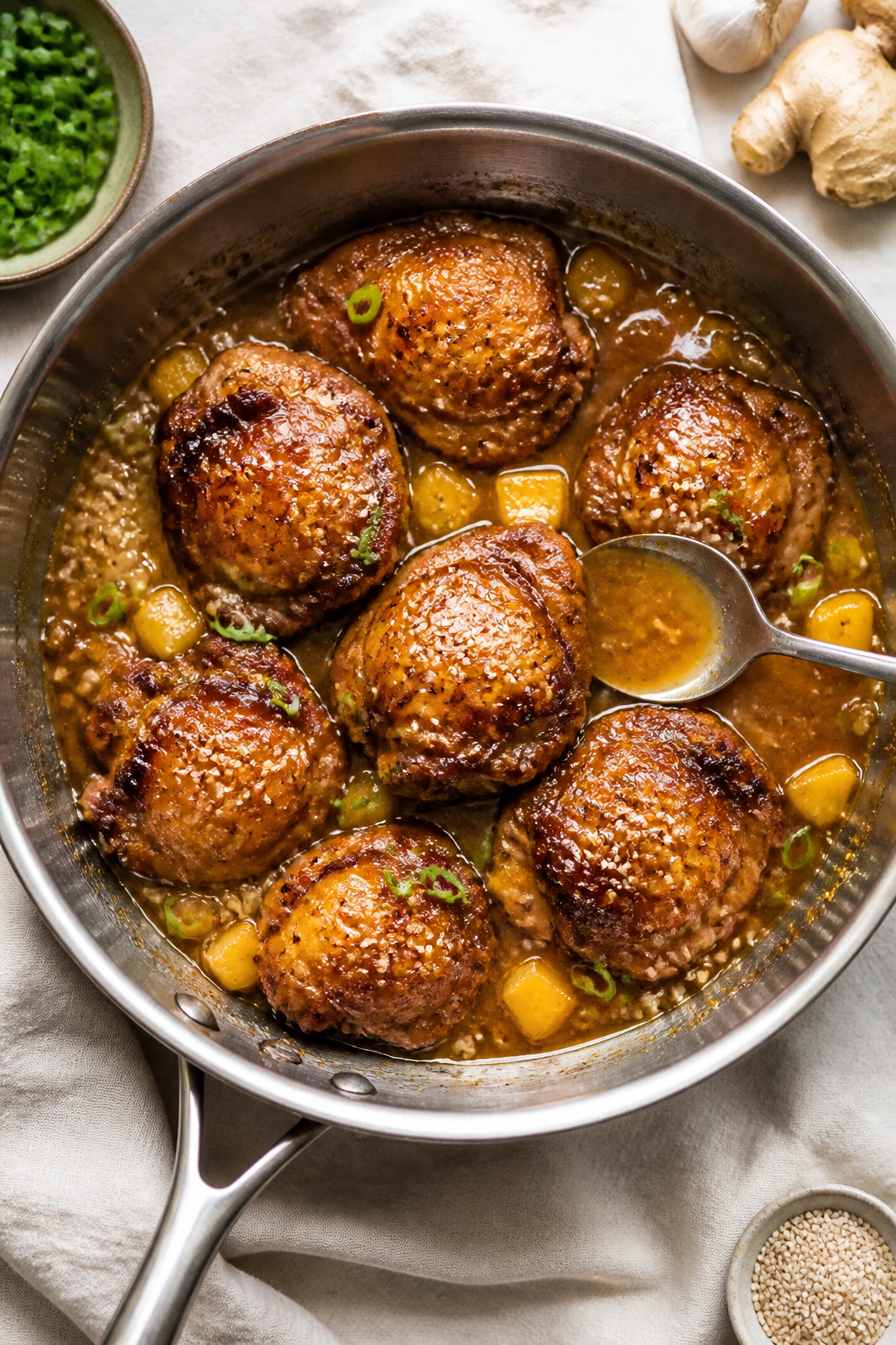 Cooking process: Overhead shot of seared chicken thighs being spoon-basted with thickened pineapple-