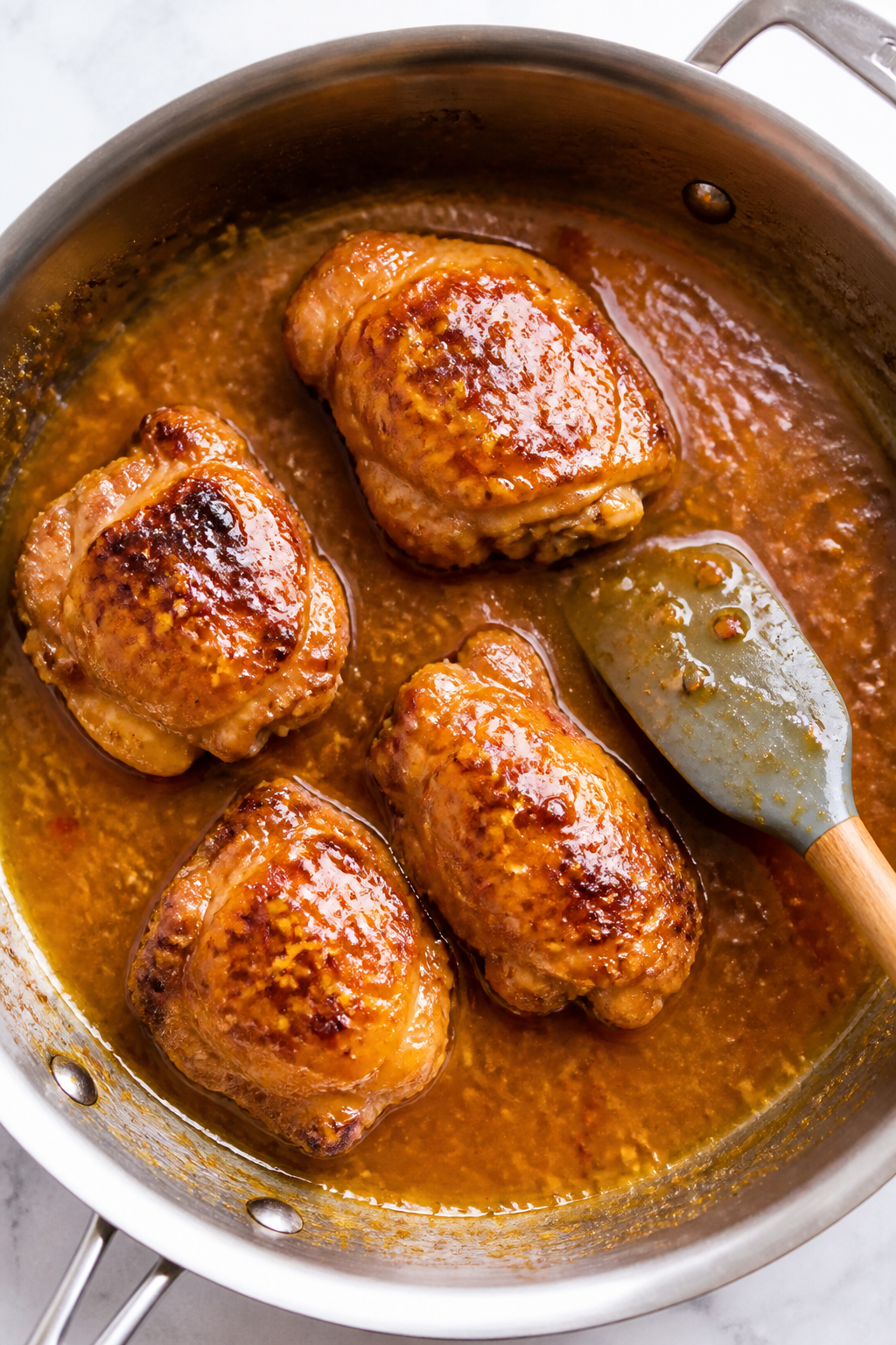 Cooking process: Overhead shot of seared chicken thighs being turned back into a simmering orange sa
