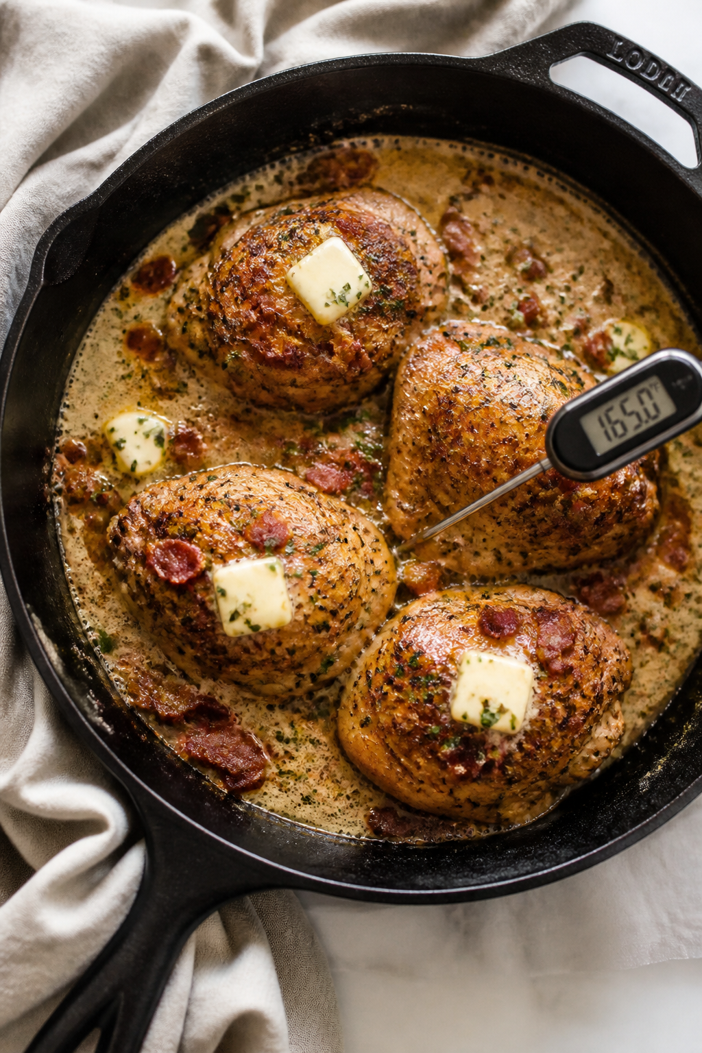 Cooking process: Overhead shot of seared ranch bacon chicken thighs finishing in the oven-safe skill