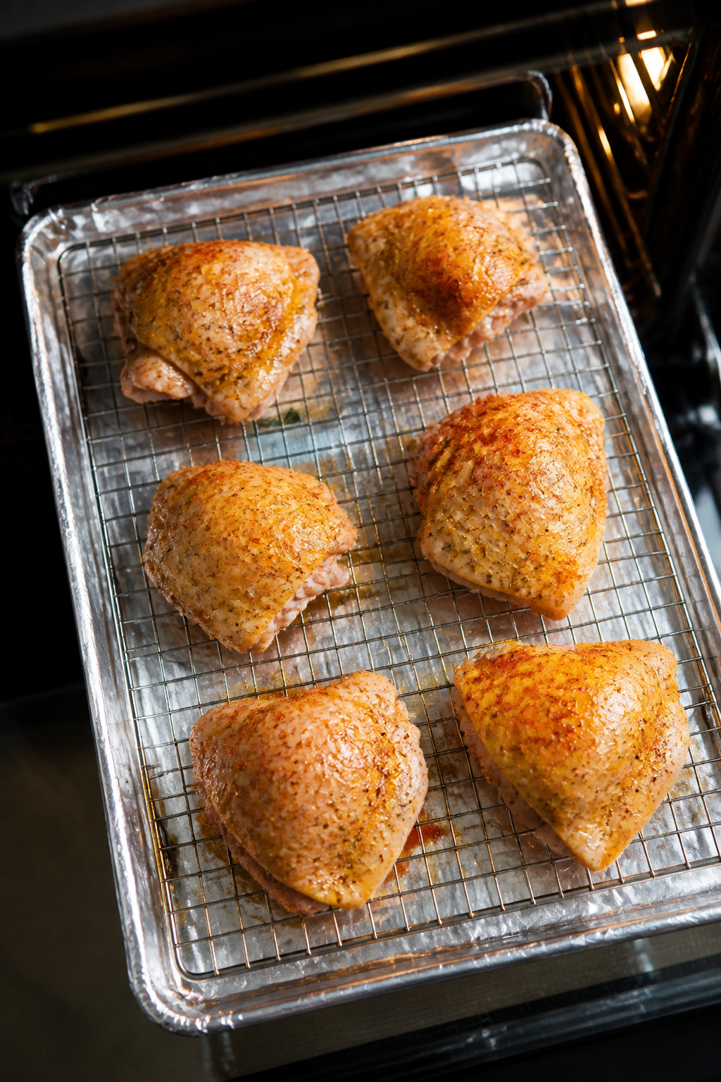 Cooking process: Overhead shot of seasoned chicken thighs arranged skin-side up on a wire rack over