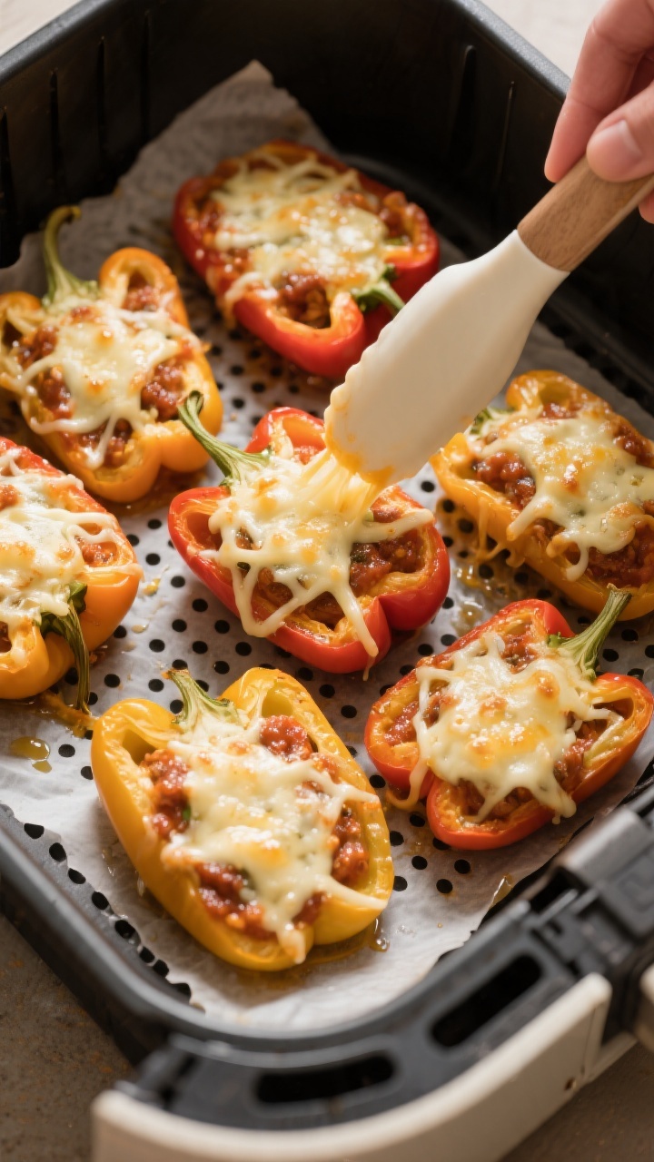 Cooking process: Overhead shot of stuffed pepper halves arranged in a single layer inside an air fry