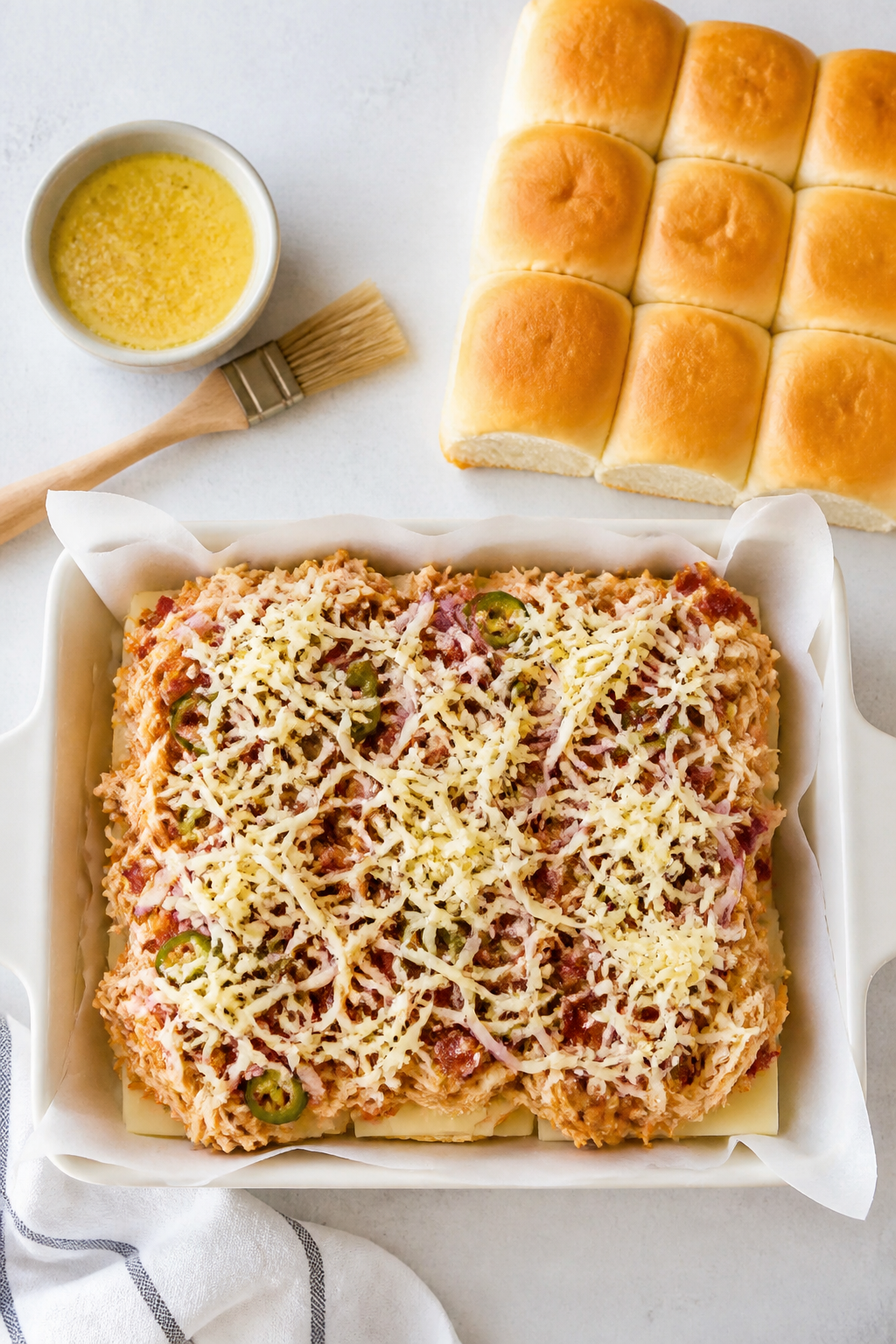Cooking process: Overhead shot of the assembly stage in a parchment-lined baking dish—bottom sheet