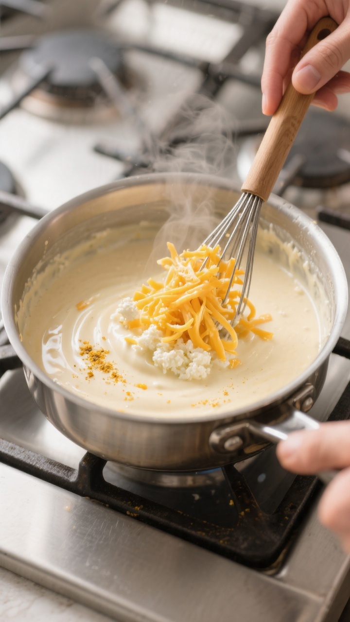 Cooking process: Overhead shot of the blended cottage cheese-cheddar-Parmesan sauce being whisked in