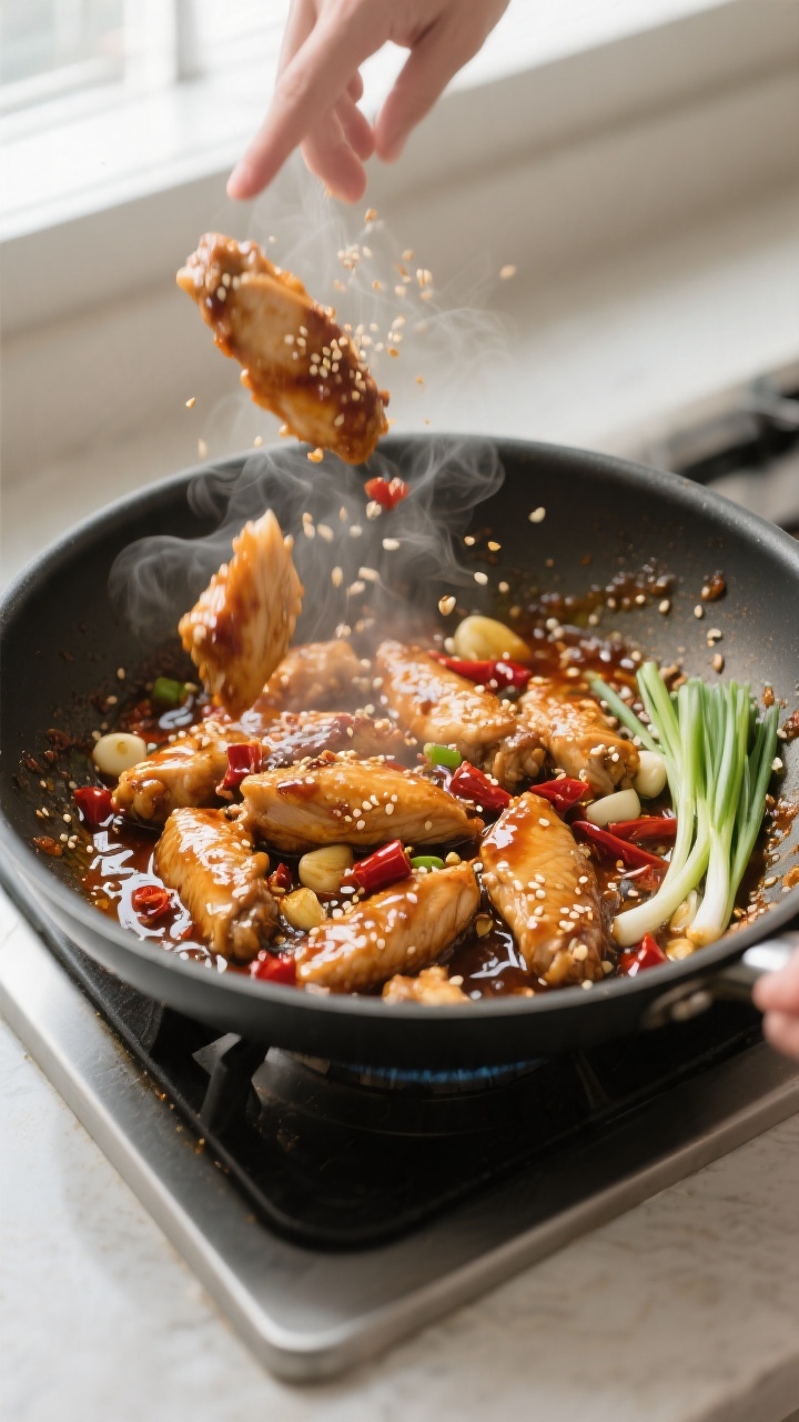 Cooking process: Overhead shot of the chicken being tossed in a hot skillet with the thickened chili