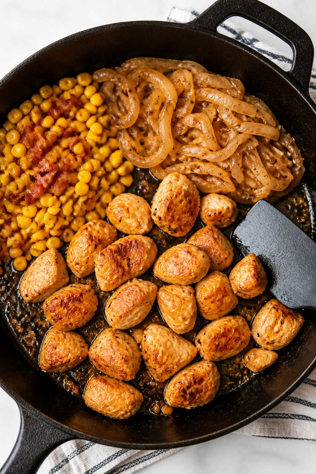 Cooking process: Overhead shot of the chicken being seared after pushing sautéed onions to the side