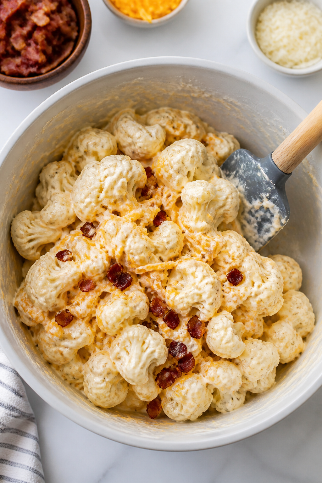 Cooking process: Overhead shot of the creamy mixture being folded with par-cooked, well-drained caul