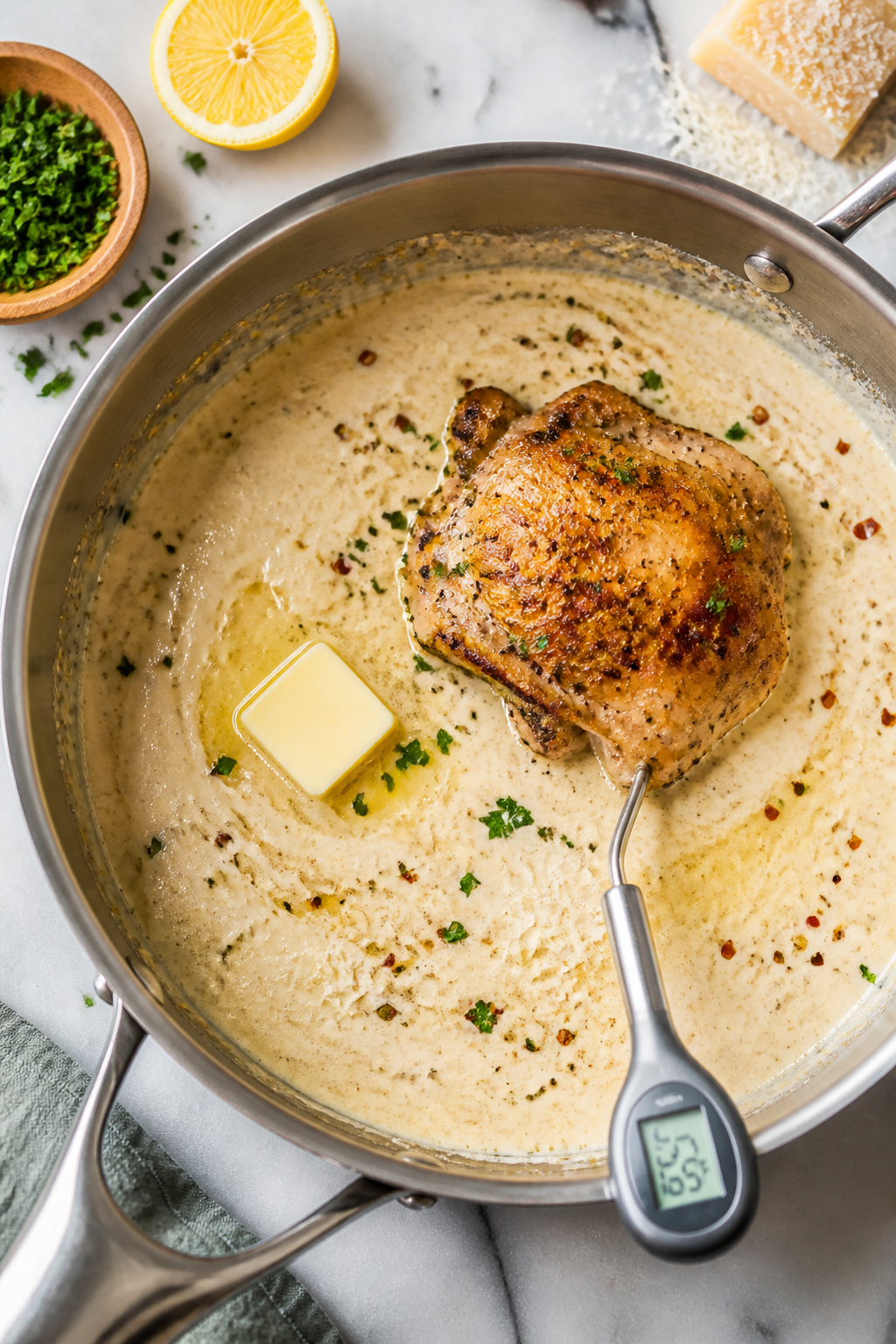 Cooking process: Overhead shot of the creamy Parmesan sauce being finished in the same skillet—sil