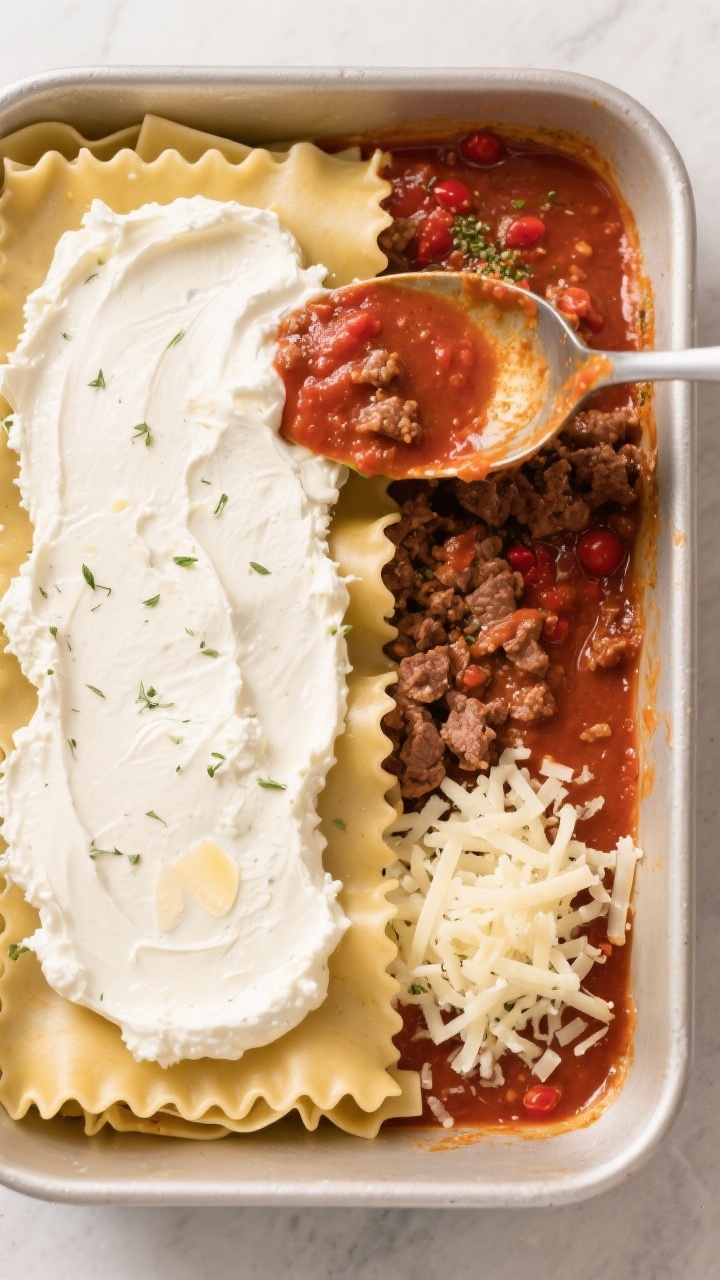 Cooking process: Overhead shot of the layering stage in a lightly greased 9x13 baking dish—first l