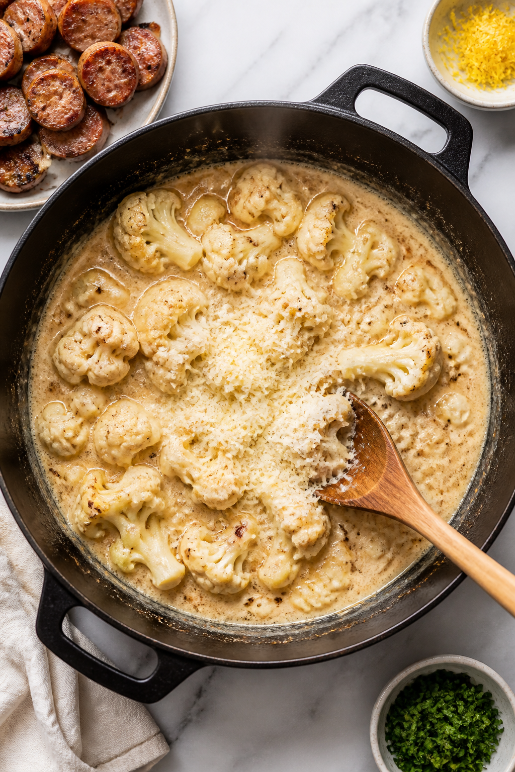 Cooking process: Overhead shot of the one-pan dish mid-simmer in a matte black Dutch oven—cauliflo