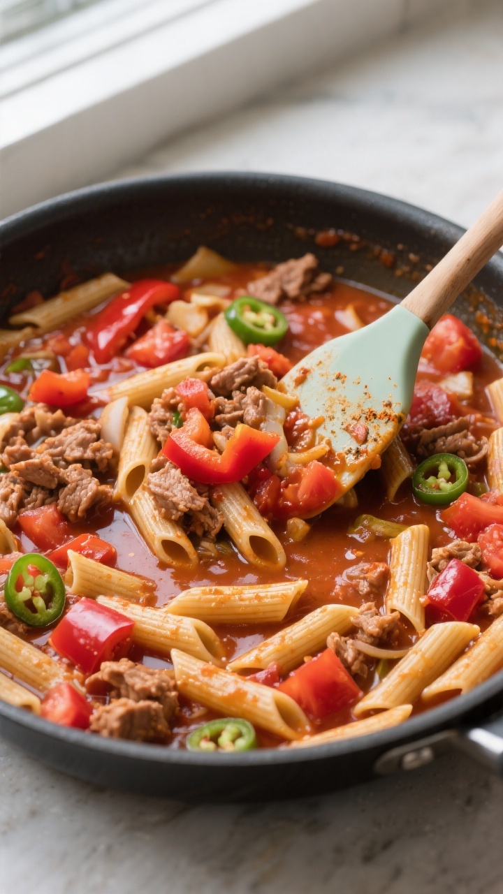 Cooking process: Overhead shot of the one-pan simmer—deep skillet filled with whole-wheat penne, b