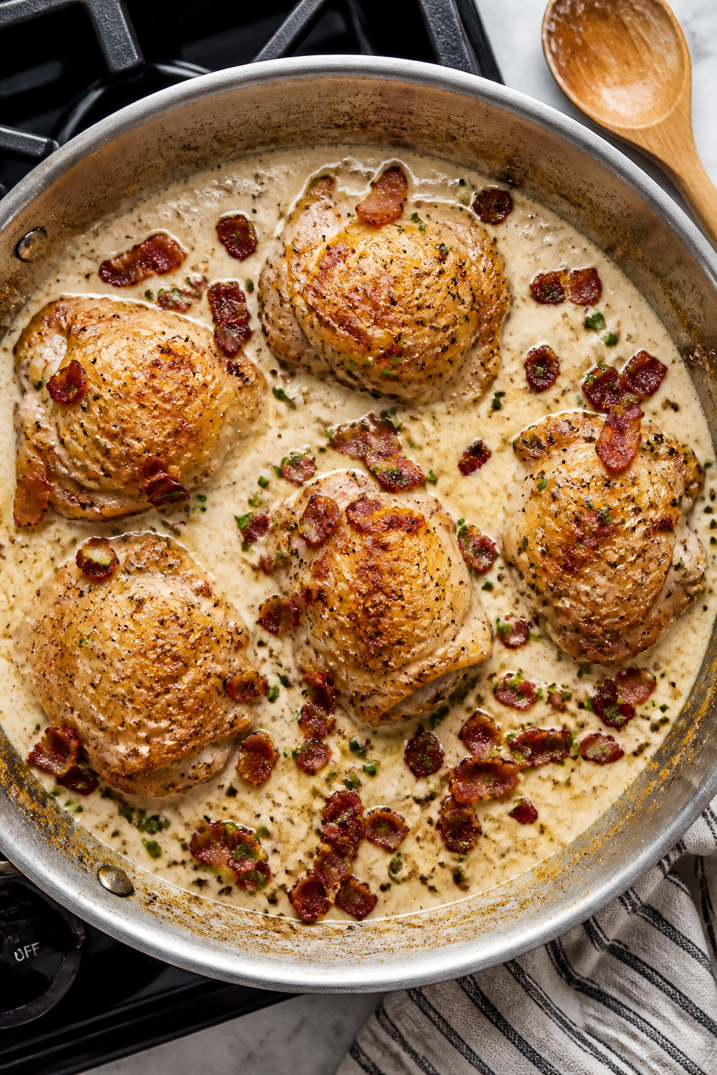 Cooking process: Overhead shot of the one-pan simmer stage—seared chicken thighs skin-side up in a