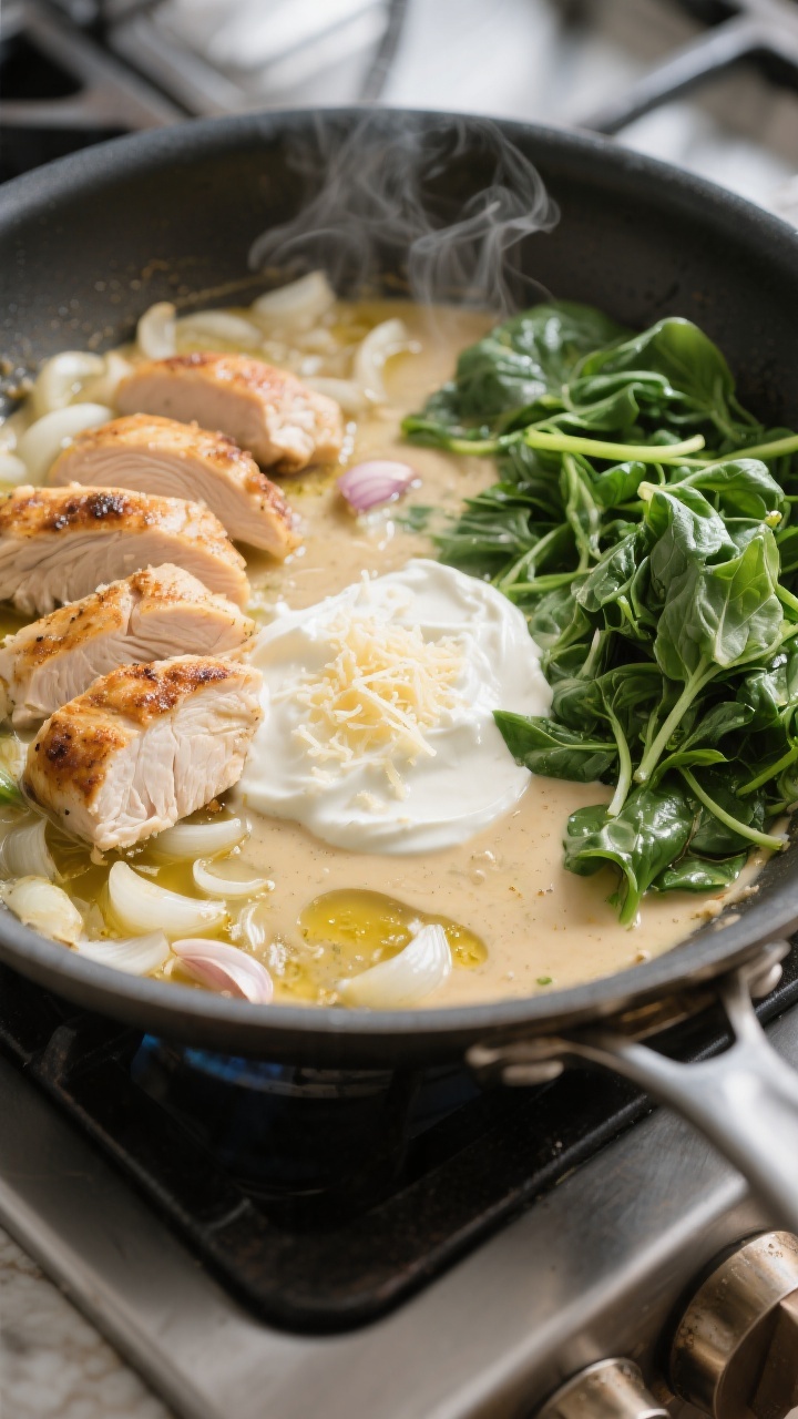 Cooking process: Overhead shot of the sauce-building stage in a wide skillet—shallots softened in