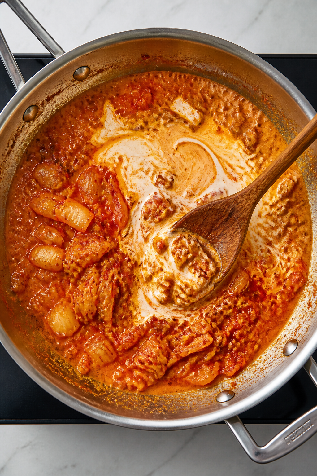 Cooking process: Overhead shot of the sauce-building stage in a wide stainless skillet—shallots an