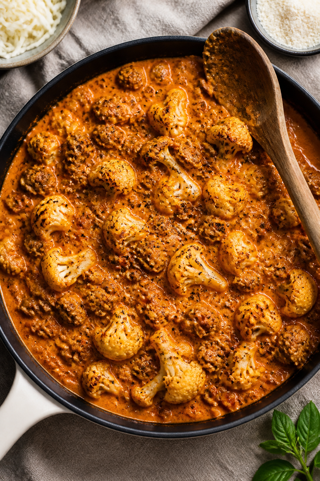 Cooking process: Overhead shot of the saucy skillet stage—browned Italian sausage with softened on