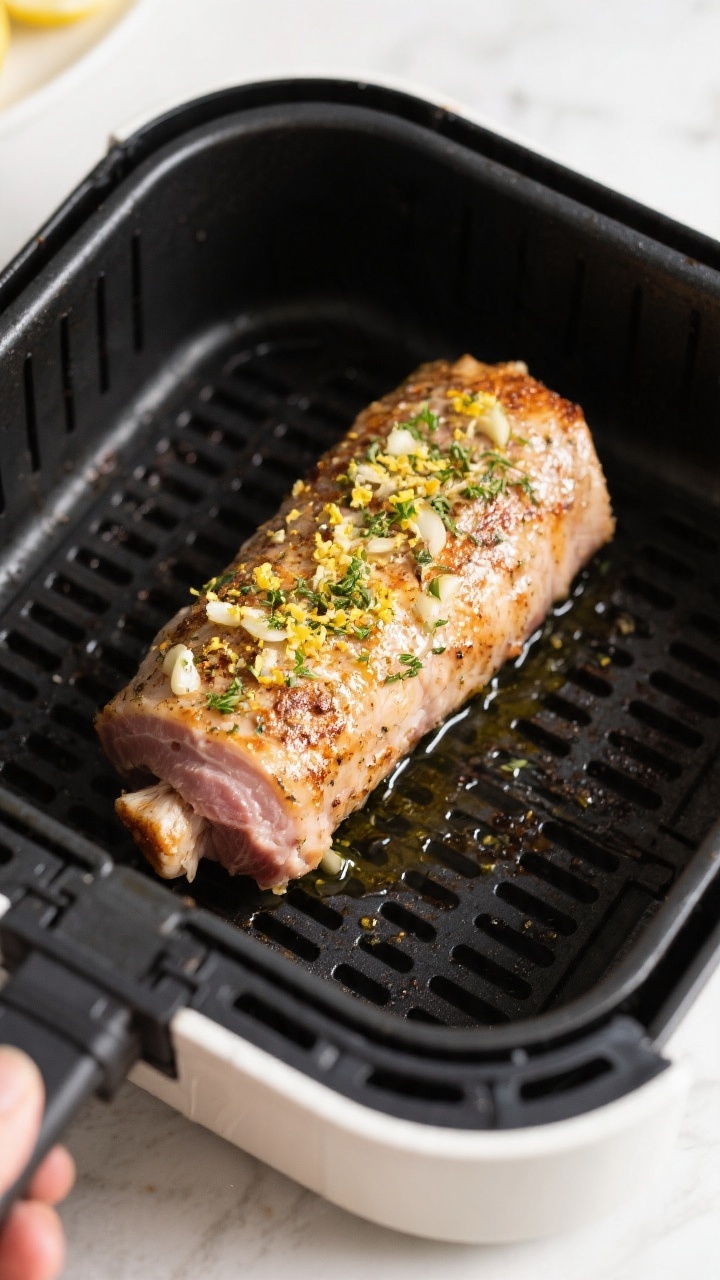 Cooking process: Overhead shot of the seasoned pork tenderloin resting in a preheated air fryer bask