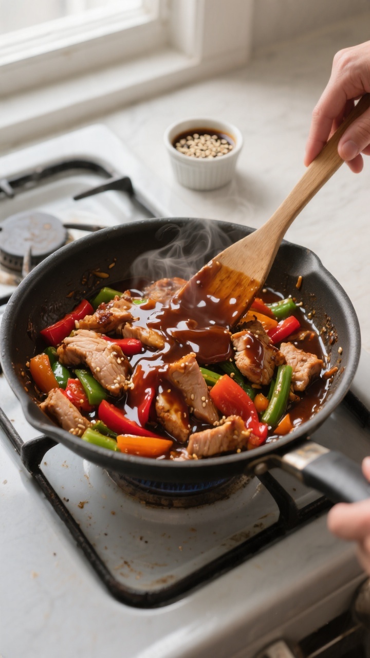 Cooking process: Overhead shot of the skillet just after “sauce it up” step—teriyaki sauce bub