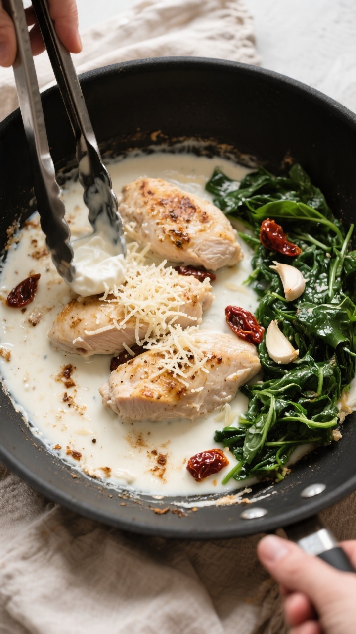 Cooking process: Overhead shot of the skillet just after the milk–Greek yogurt mixture and Parmesa