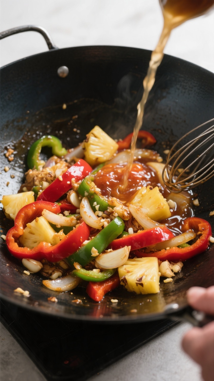 Cooking process: Overhead shot of the stir-fry stage in a dark wok—crisp-tender red and green bell