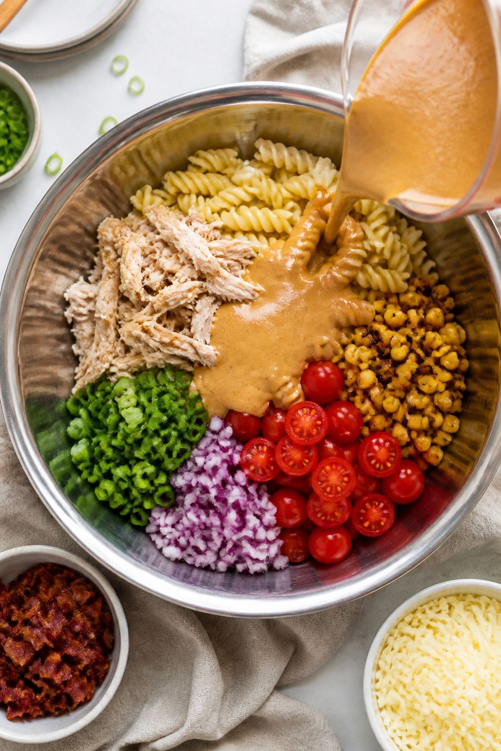 Cooking process: Overhead shot of the “toss the base” step—cooled al dente rotini in a wide st