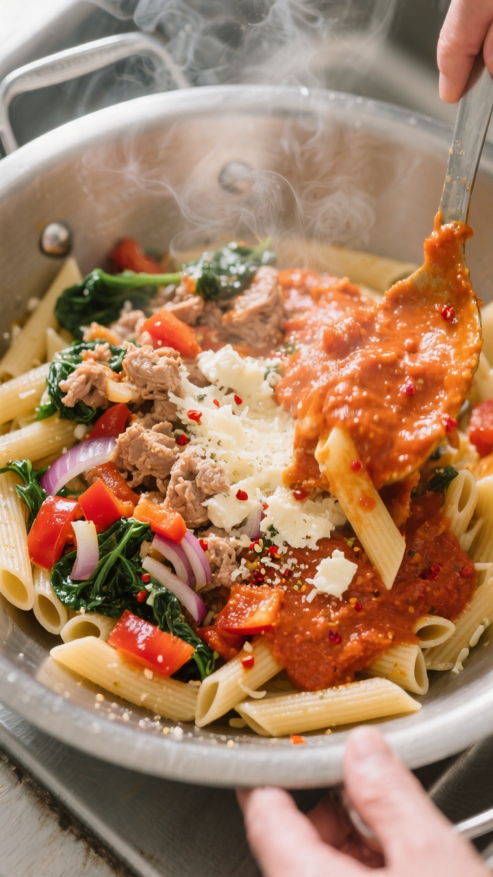 Cooking process: Overhead shot of the turkey-tomato sauce being folded into just-under-al-dente past