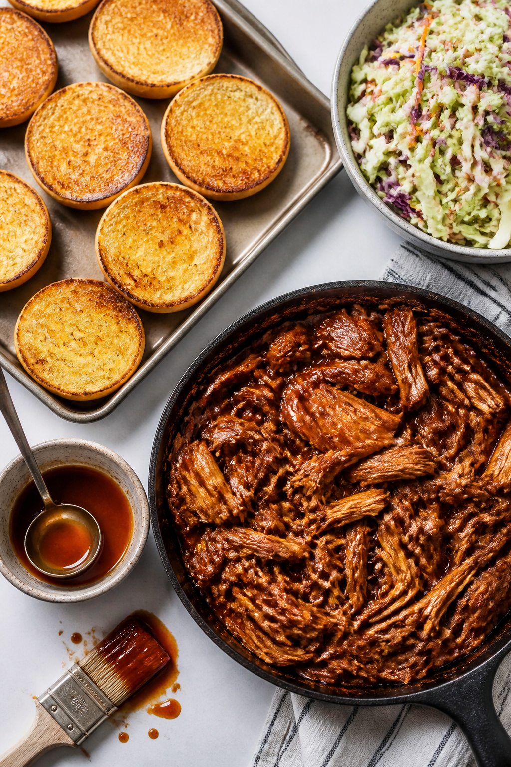 Cooking process: Overhead shot of toasted slider buns on a sheet pan, golden-brown and lightly butte