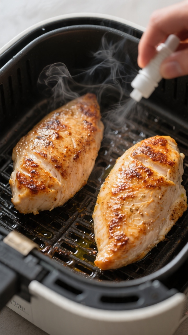 Cooking process: Overhead shot of two evenly thick chicken breasts in an air fryer basket at 375°F,