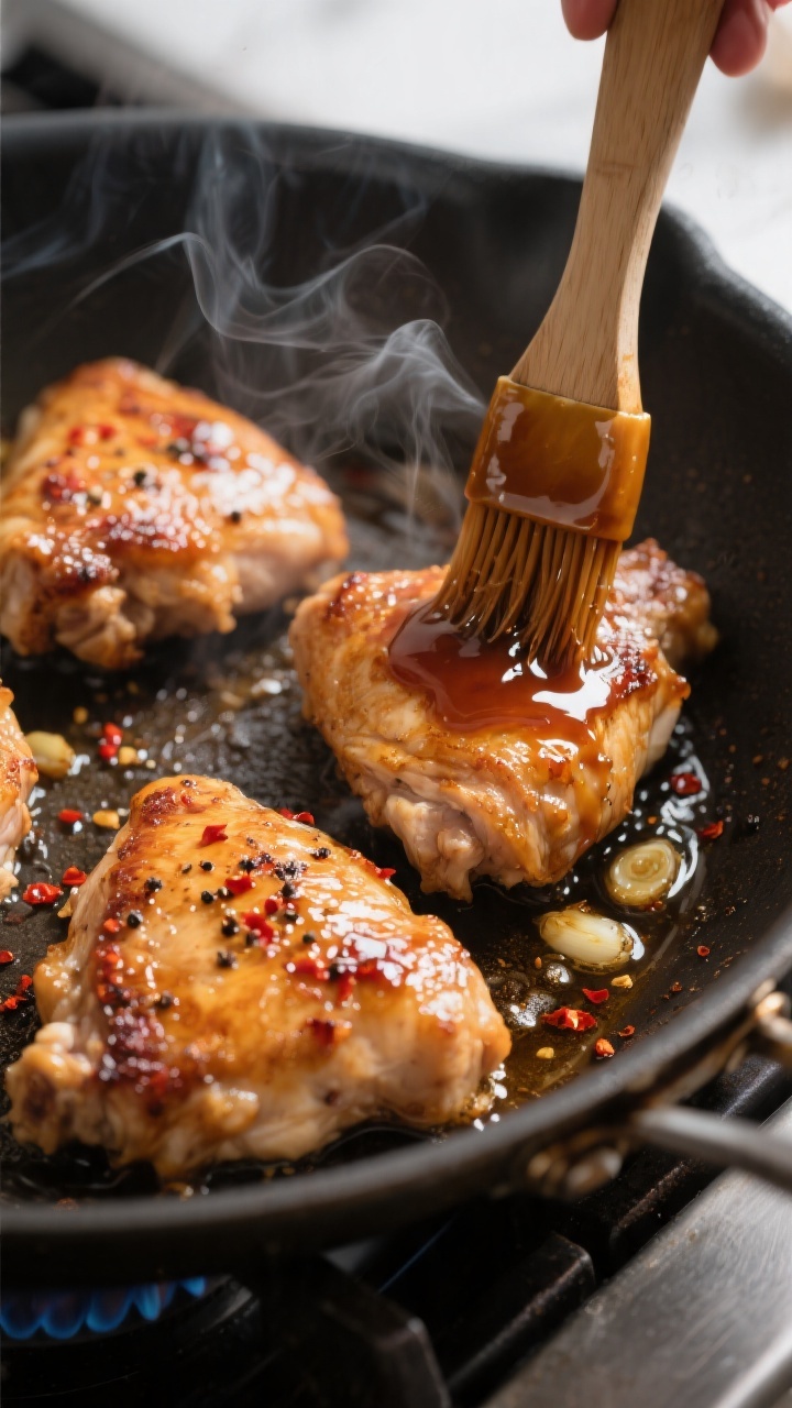 Cooking process: Pan-sear + oven method in action—bronzed chicken thighs sizzling skin-side down i