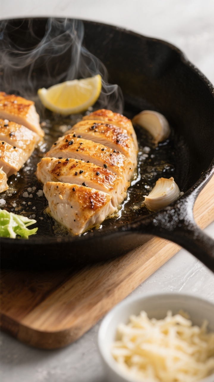 Cooking process: Pan-seared chicken breasts for Caesar pasta salad, golden-brown crust with visible 