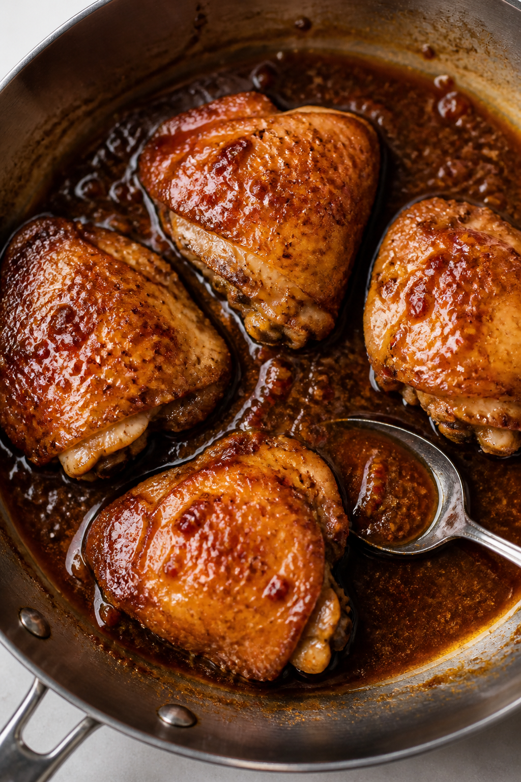 Cooking process: Return-to-pan simmer scene of sticky garlic brown sugar sauce reducing around bone-