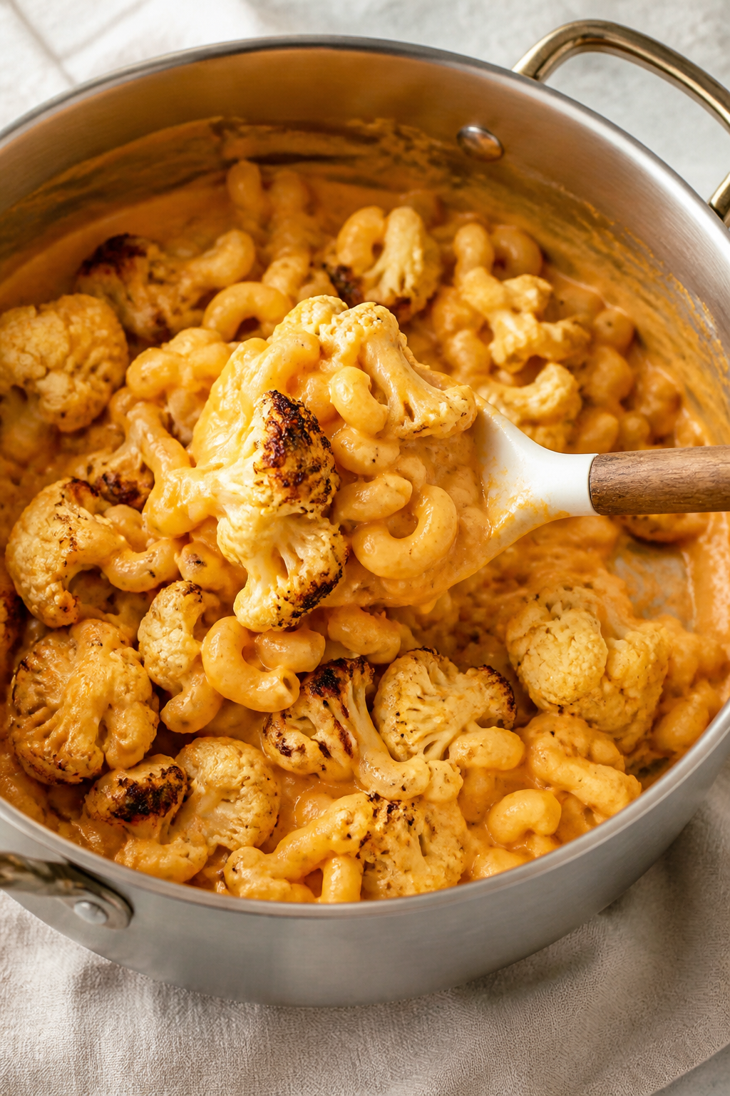 Cooking process: Roasted cauliflower florets and just-short-of-al-dente elbow macaroni being folded 